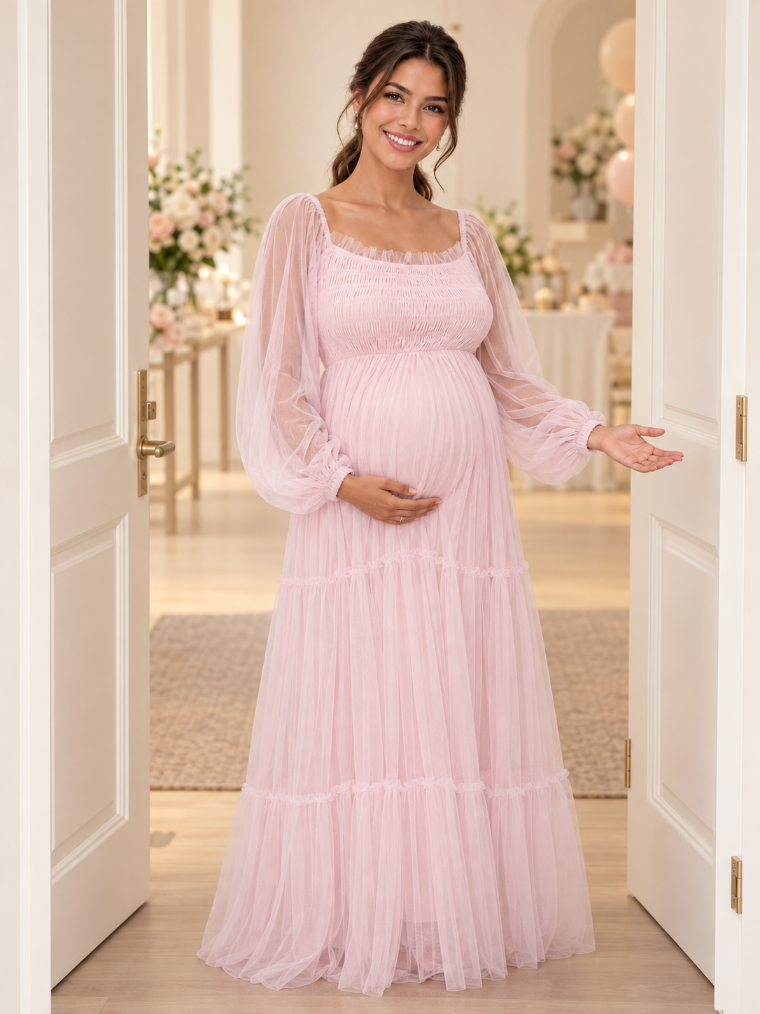 Rosaline Pink maternity dress — celebration arrival