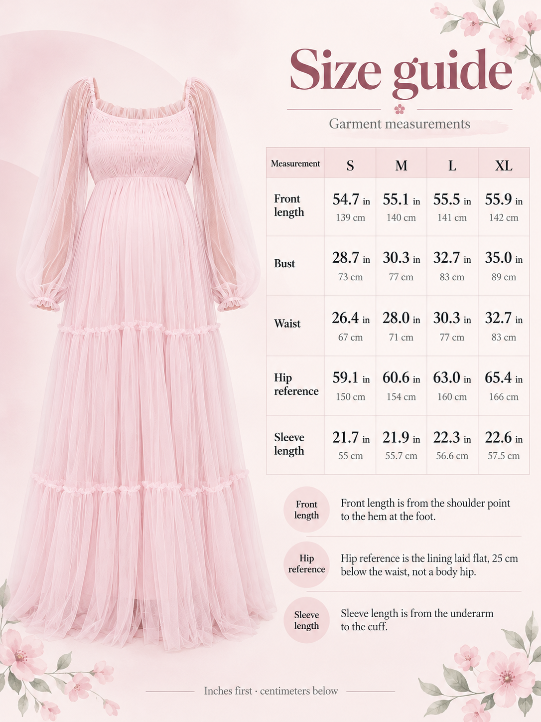 Size guide for the Rosaline Pink maternity dress, S to XL garment measurements in inches and centimeters