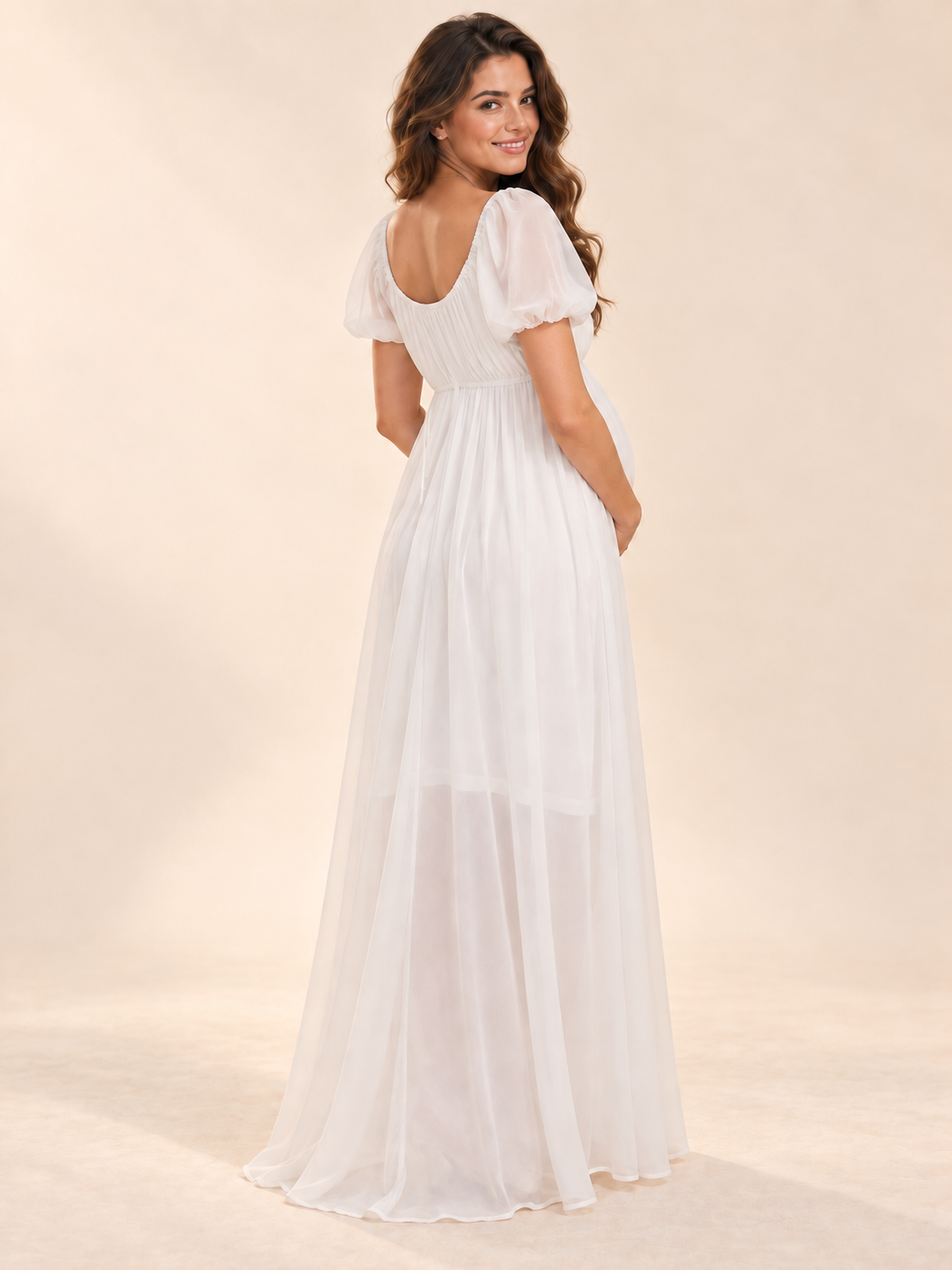 Greta White maternity dress — back view of the low rounded back and puff sleeves