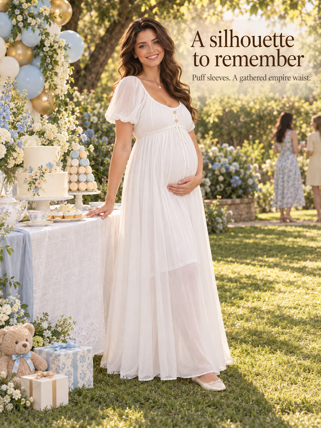 Greta White maternity dress — full-length silhouette beside a garden dessert table