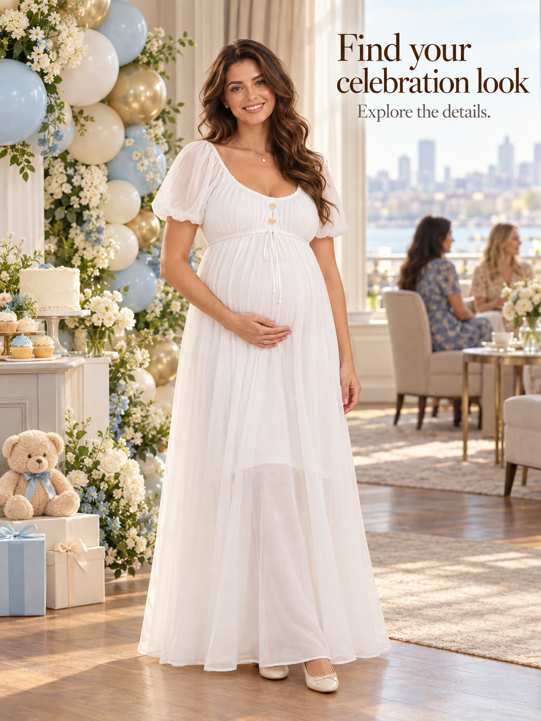 Greta White maternity dress — standing in a bright lounge with balloons and city views