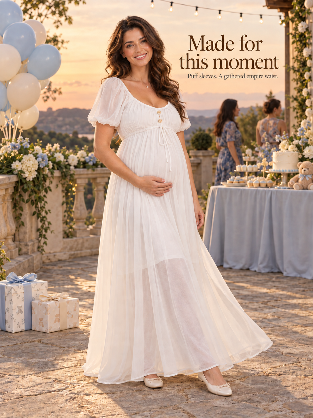 Greta White maternity dress — terrace celebration at sunset in a flowing silhouette