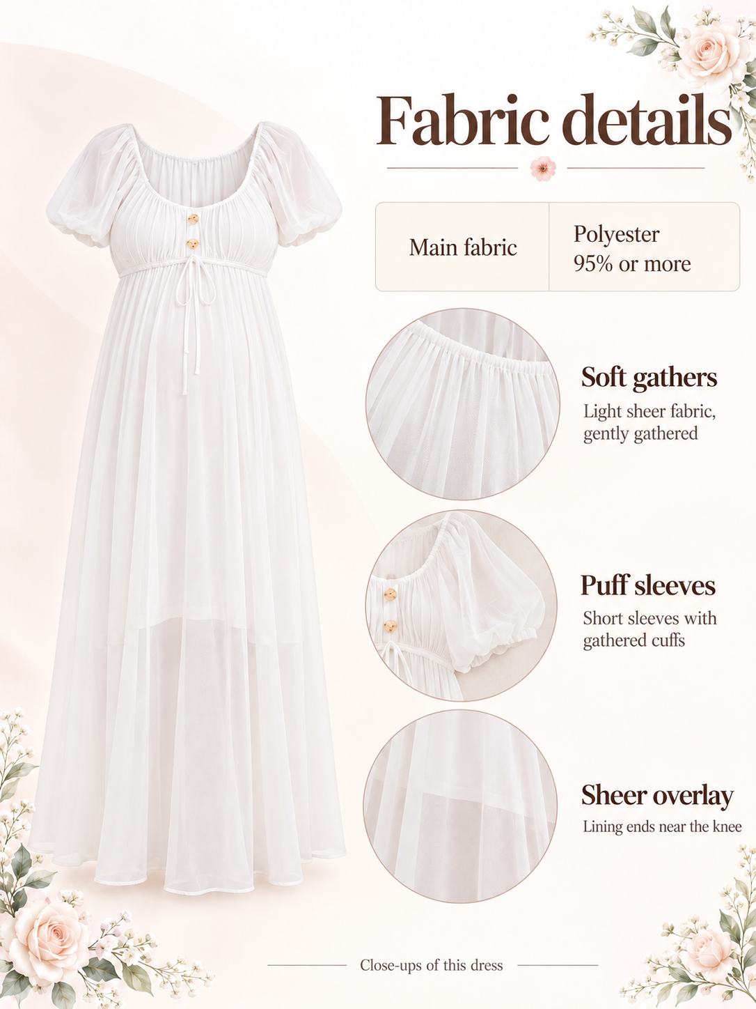 Greta White maternity dress — material guide showing the puff sleeves, waist tie and sheer layered skirt