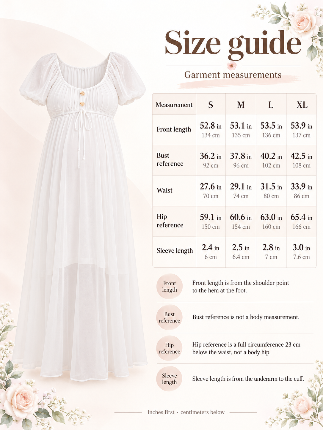 Greta White maternity dress — size guide with S to XL garment measurements in inches and centimeters