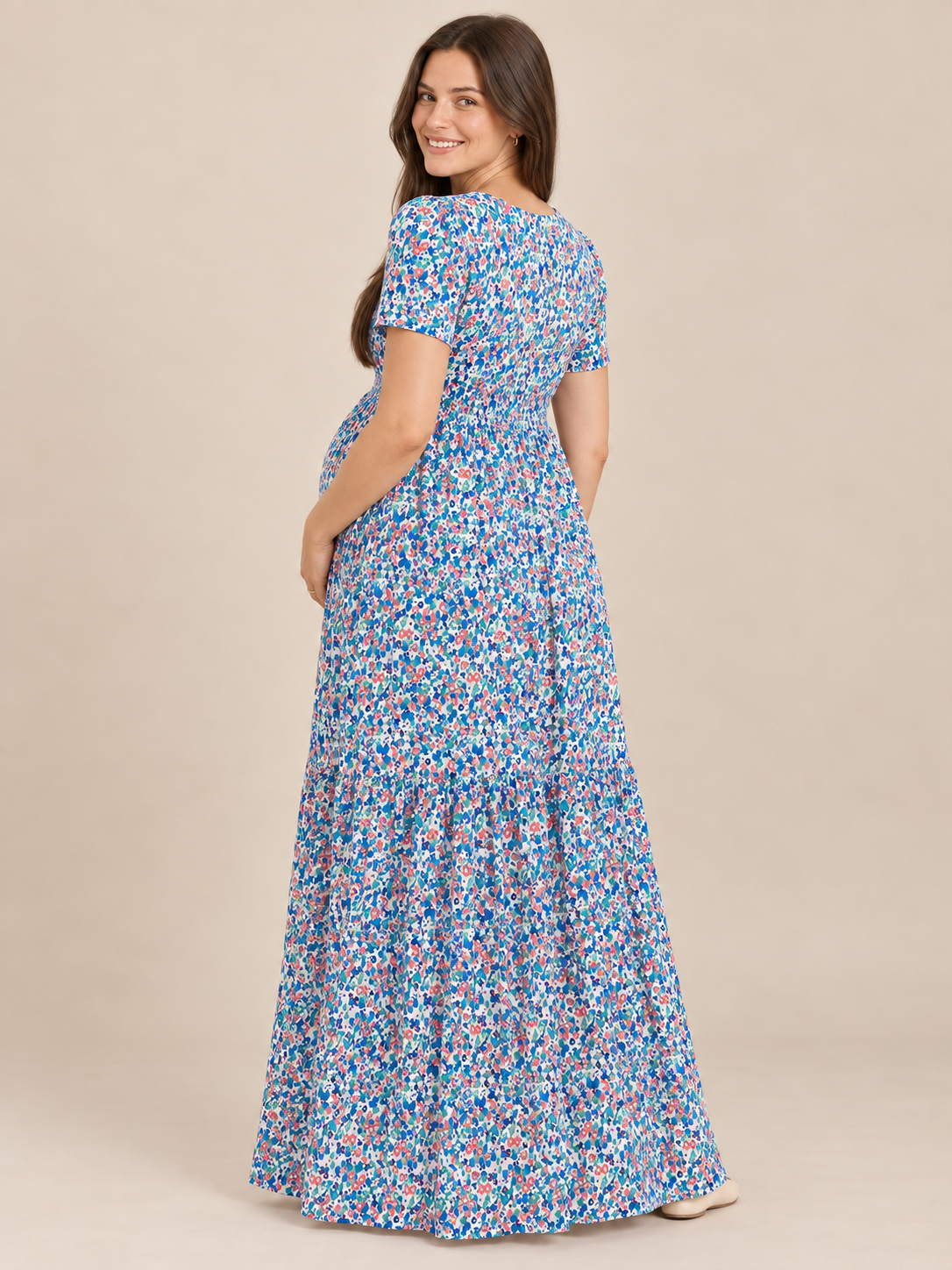 Fleur Blue Floral maternity dress — back view of the round neckline and tiered skirt