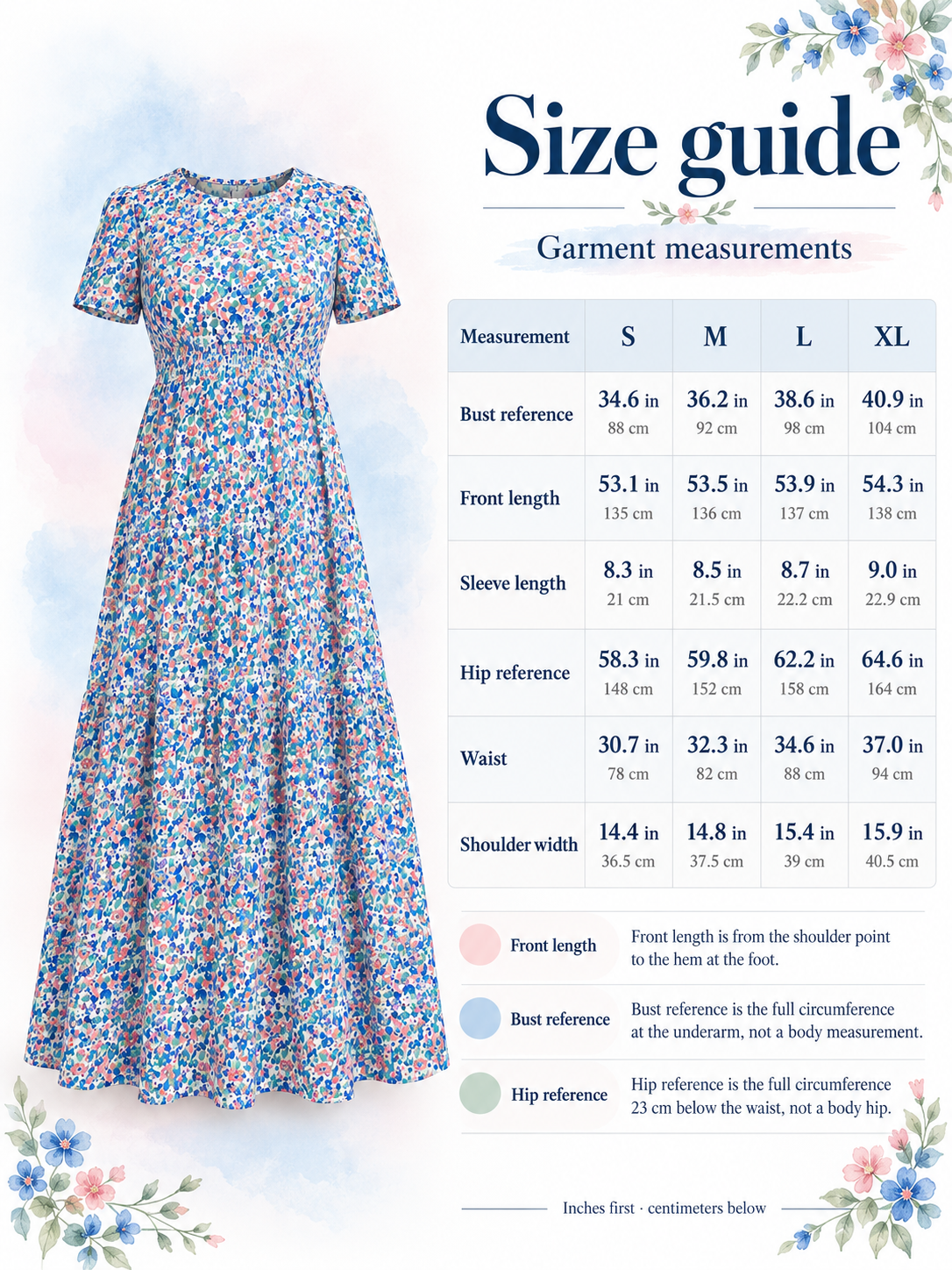 Fleur Blue Floral maternity dress — size guide with S to XL garment measurements in inches and centimeters