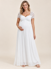 Madeleine White maternity dress — front view with sweetheart neckline, lace sleeves and chiffon maxi skirt