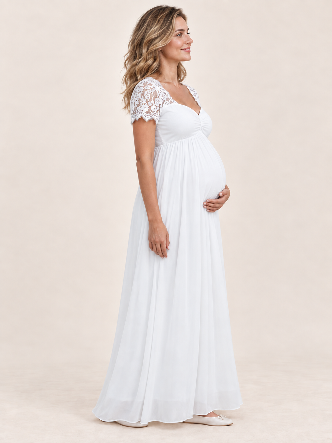 Madeleine White maternity dress — side view of the high waist and maternity silhouette
