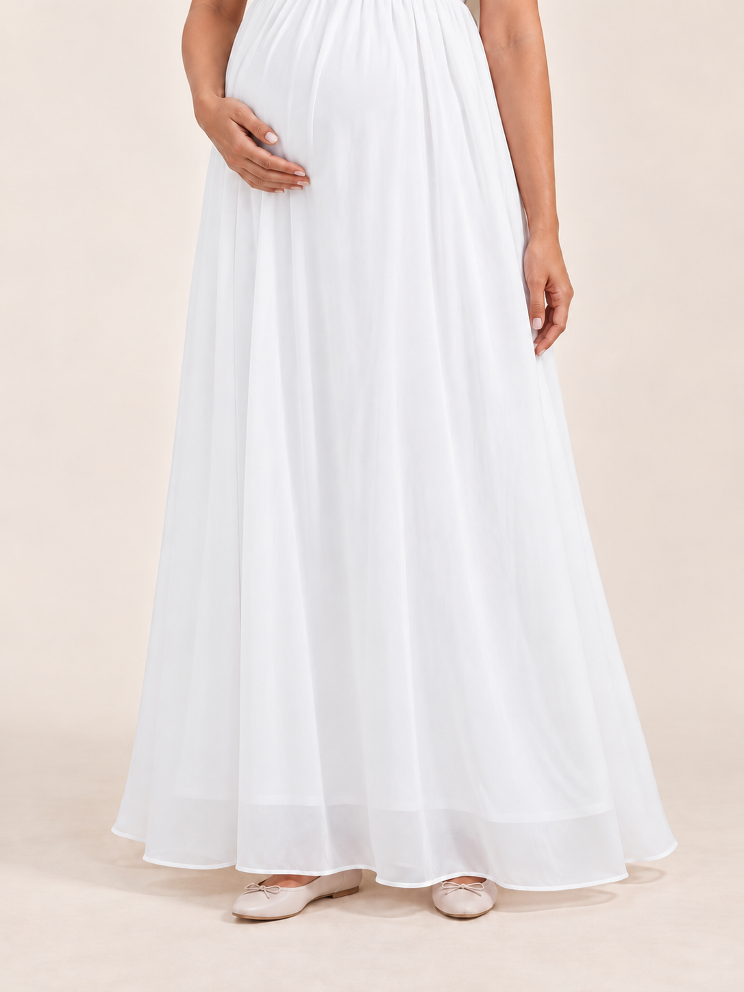 Madeleine White maternity dress — flowing chiffon skirt and hem detail