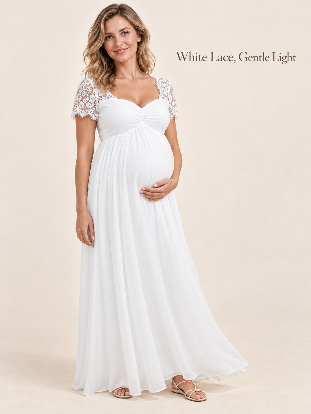 Madeleine White maternity dress — full silhouette in a soft studio portrait