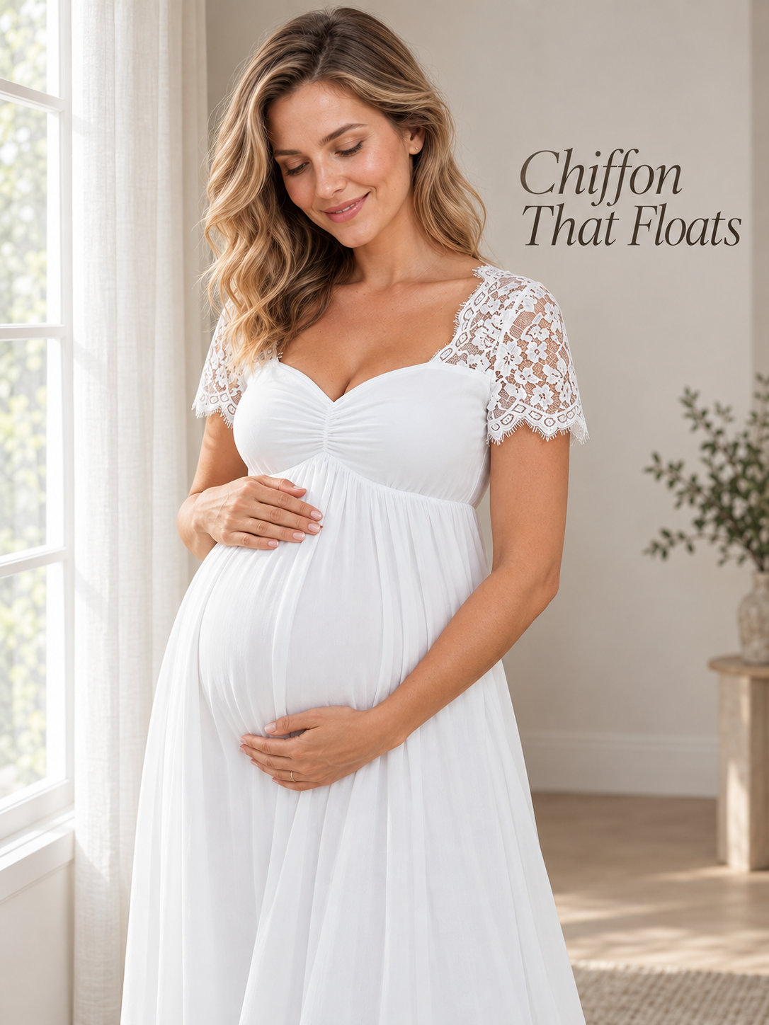 Madeleine White maternity dress — chiffon skirt and lace sleeves in window light