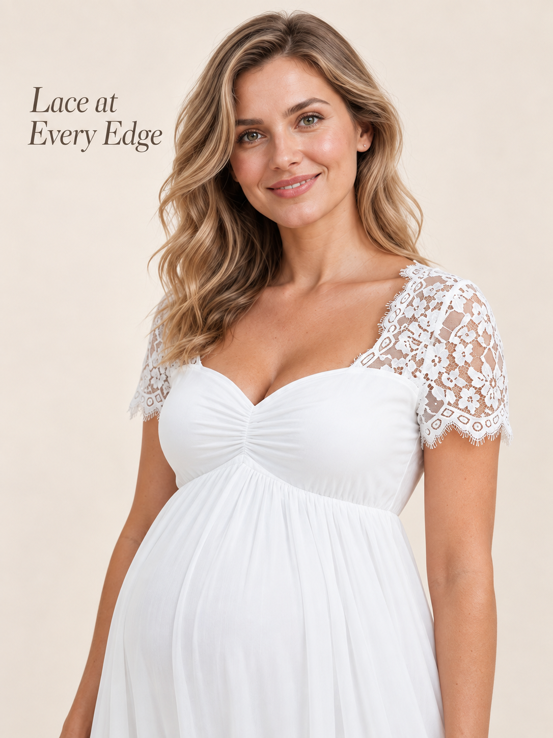 Madeleine White maternity dress — close-up of the lace sleeve and eyelash edge
