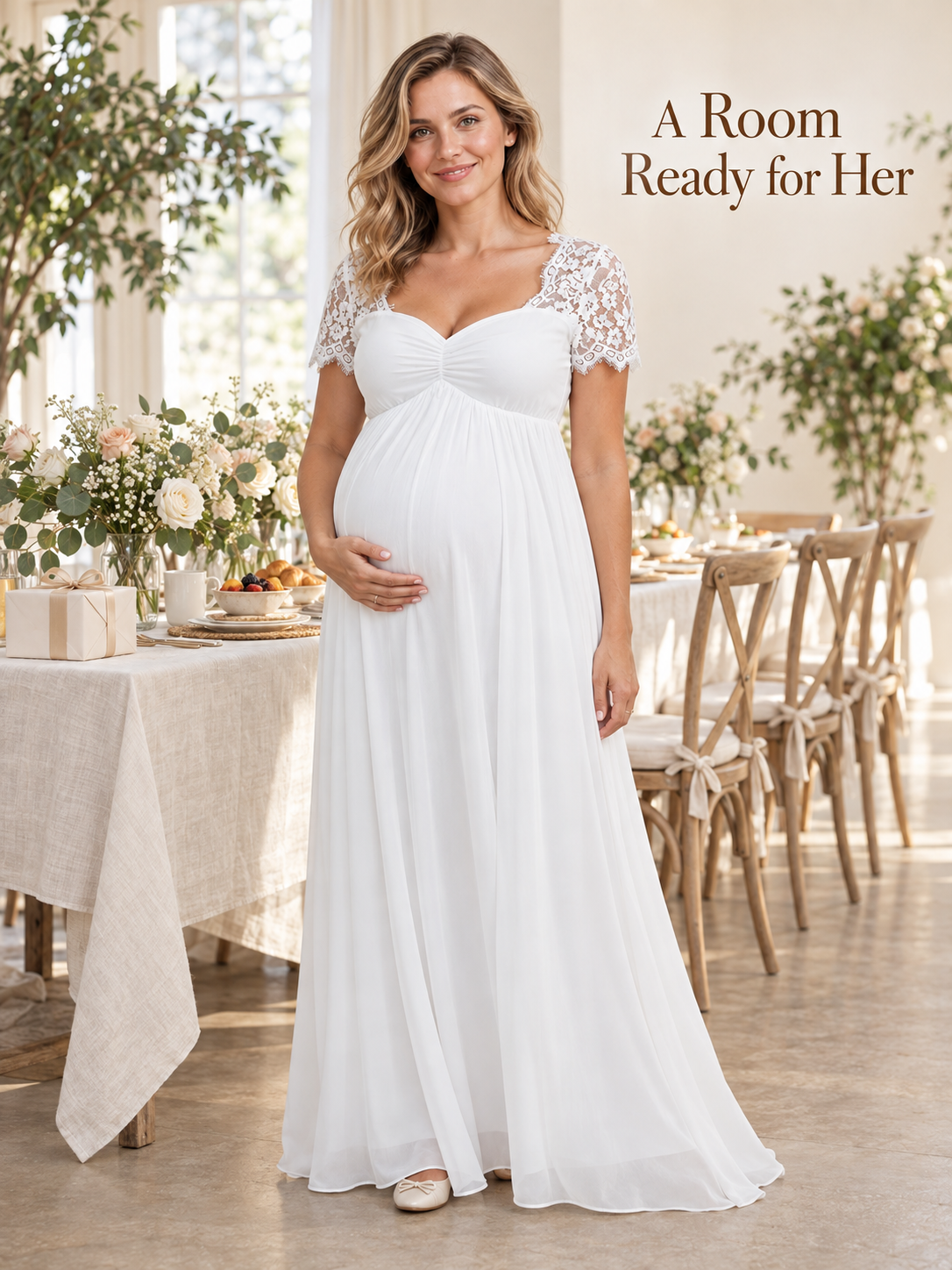 Madeleine White maternity dress — standing in a dining room set for a celebration