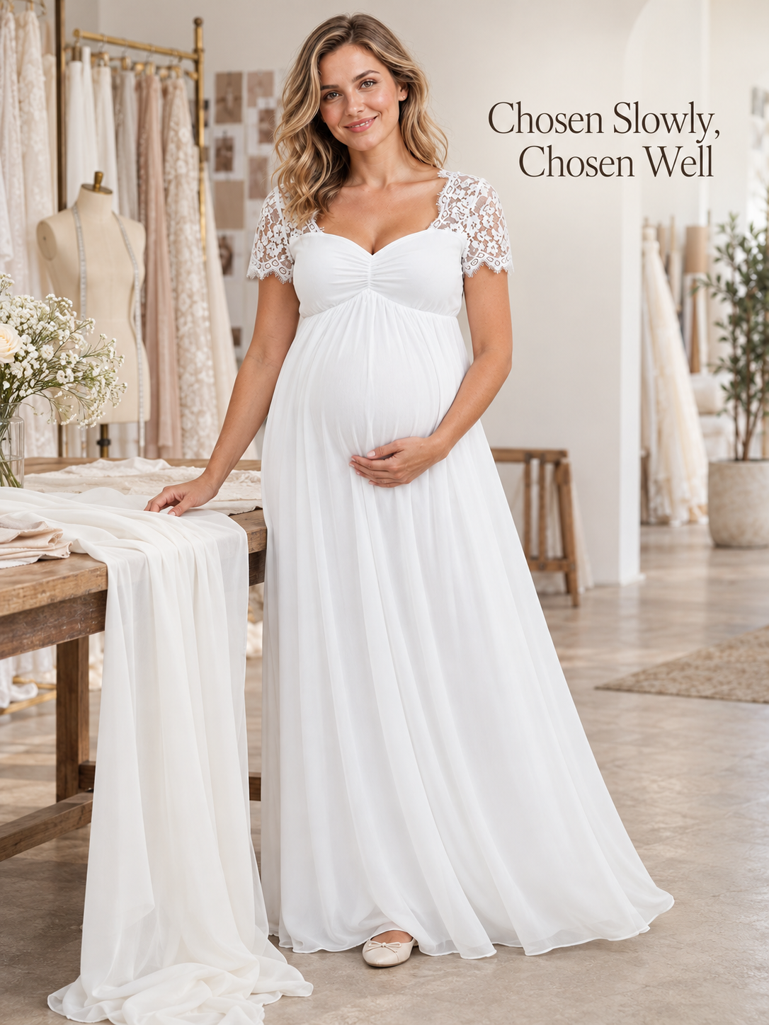 Madeleine White maternity dress — browsing fabrics in a boutique studio