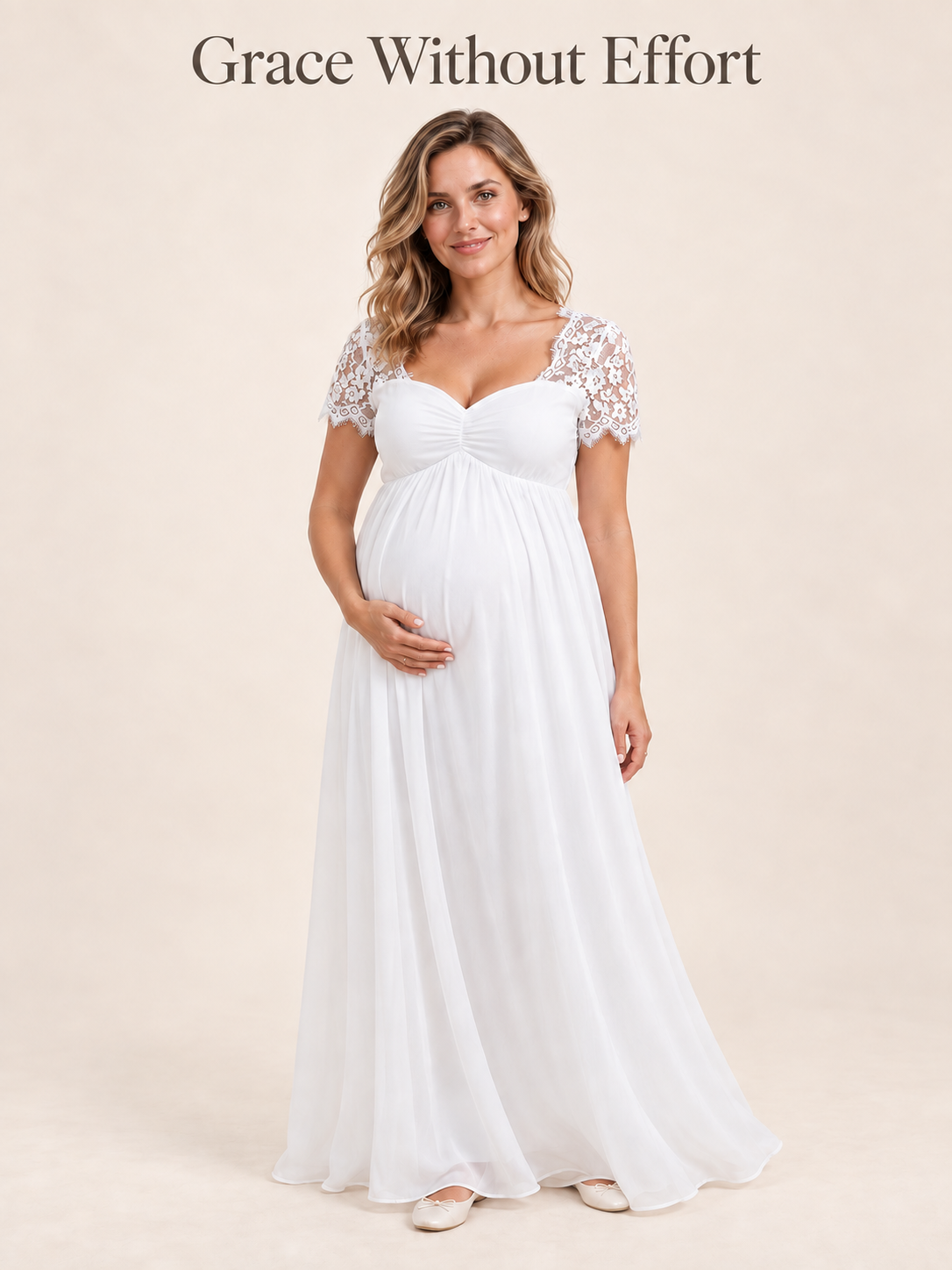 Madeleine White maternity dress — full-length studio portrait in soft light