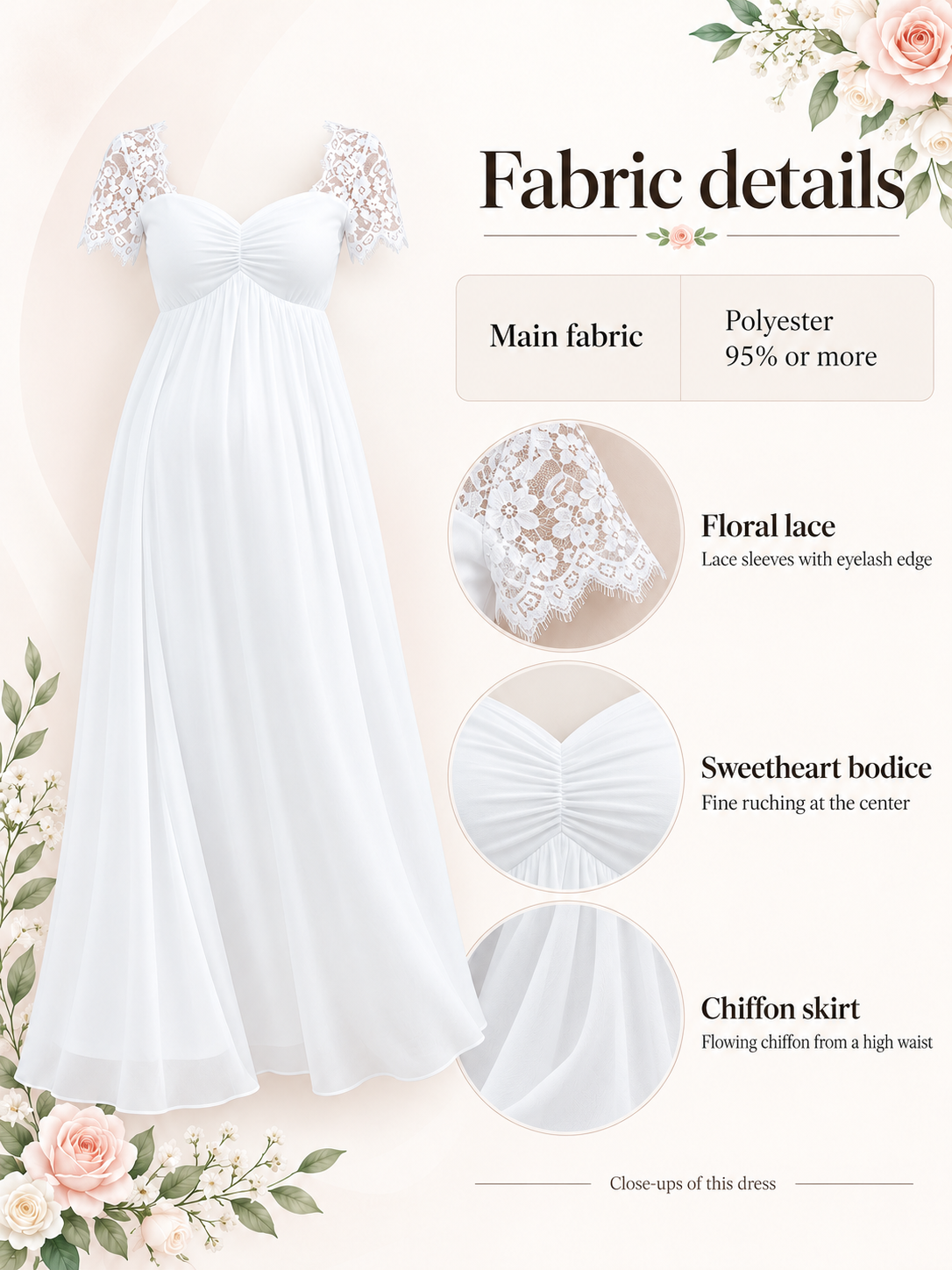 Madeleine White maternity dress — material guide showing the chiffon, floral lace and ruched bodice