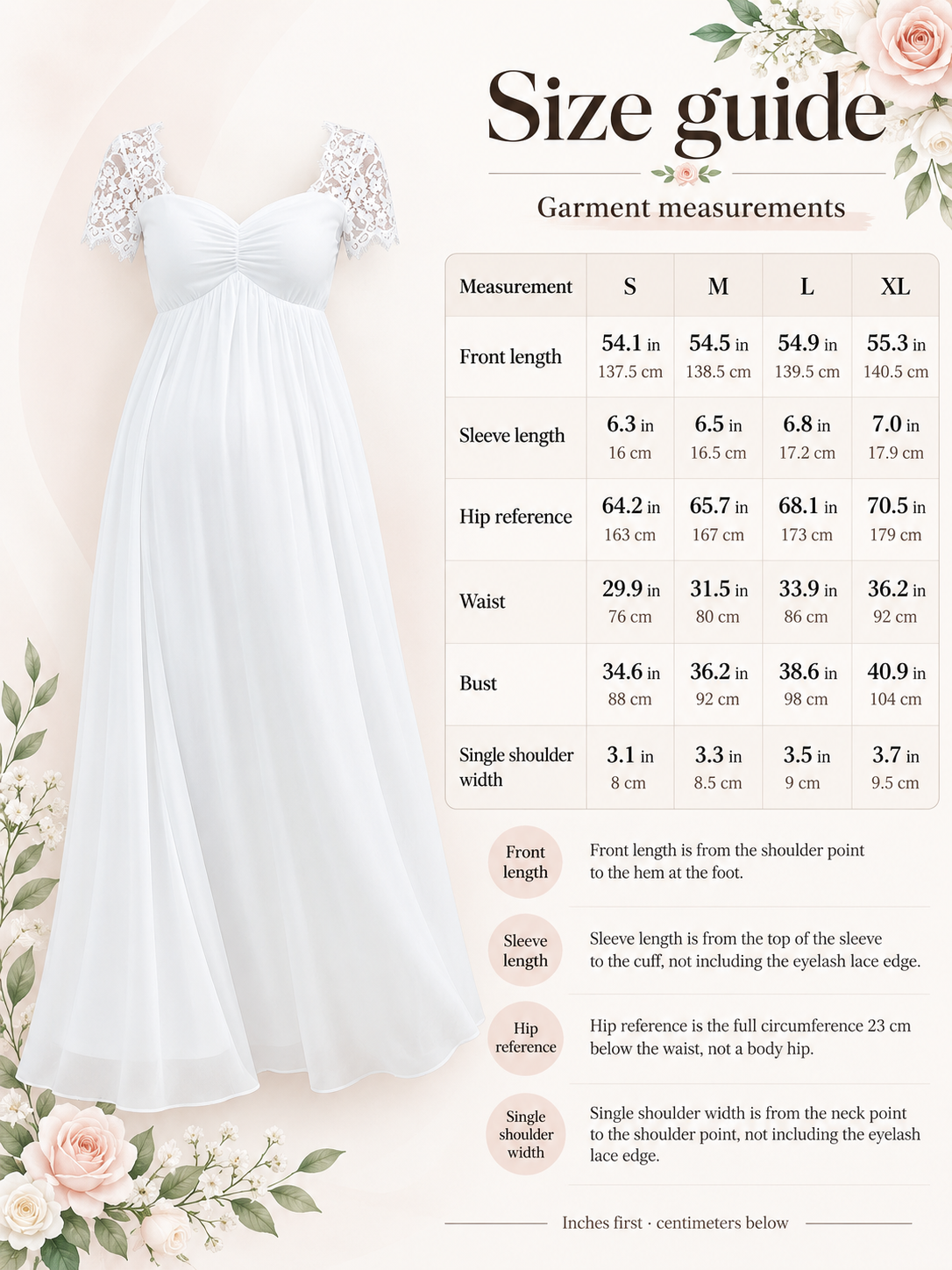 Madeleine White maternity dress — size guide with S to XL garment measurements in inches and centimeters