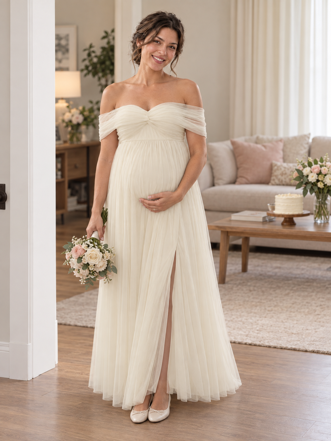Amelie maternity dress styled with a bouquet on arrival at a celebration.