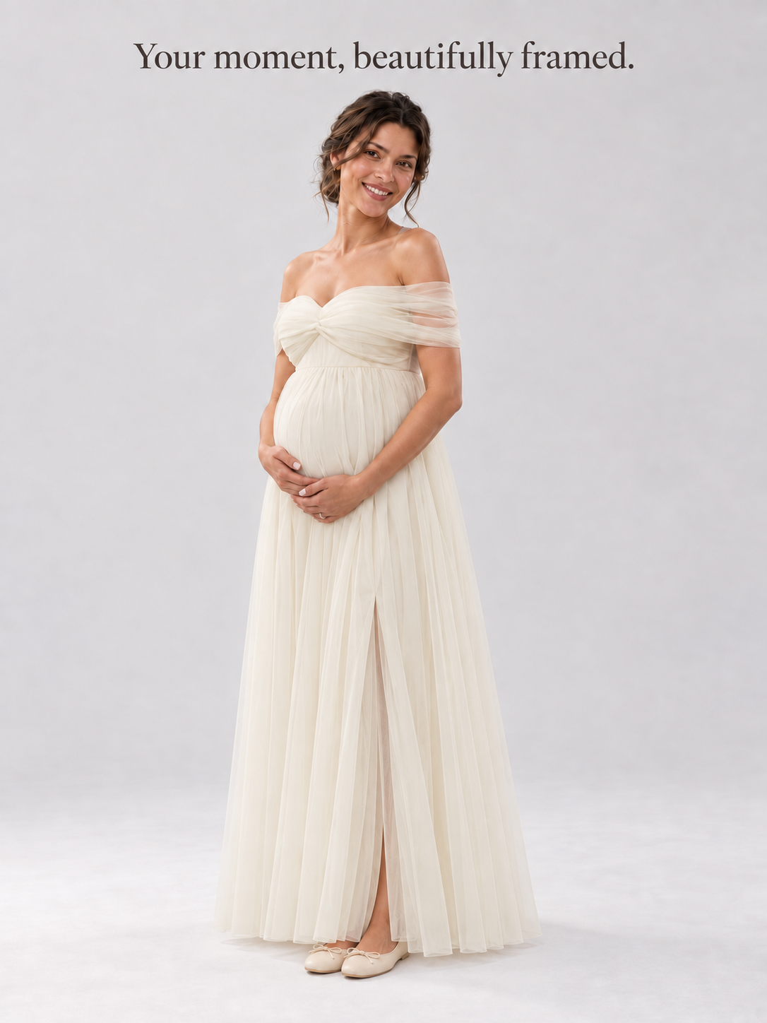 Amelie apricot maternity dress in a relaxed portrait pose.