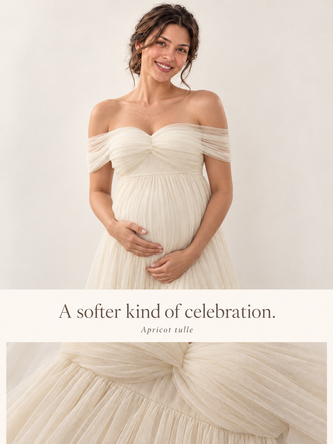 Apricot tulle on the Amelie dress, shown in a portrait and fabric close-up.