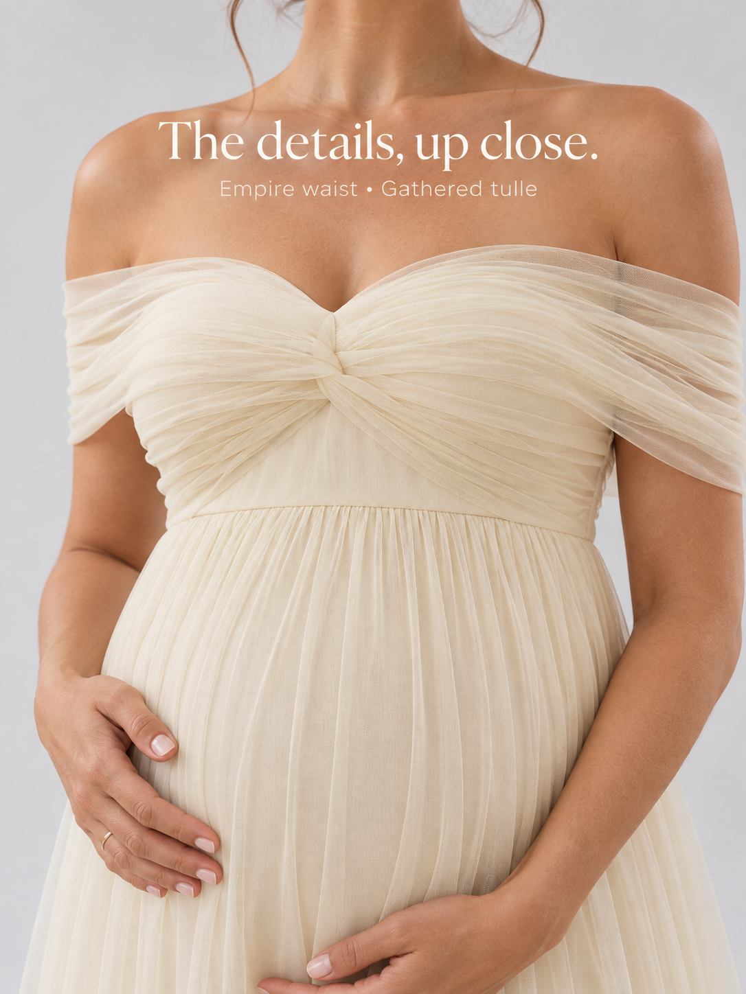 Close-up of the empire waist seam and gathered tulle on the Amelie dress.