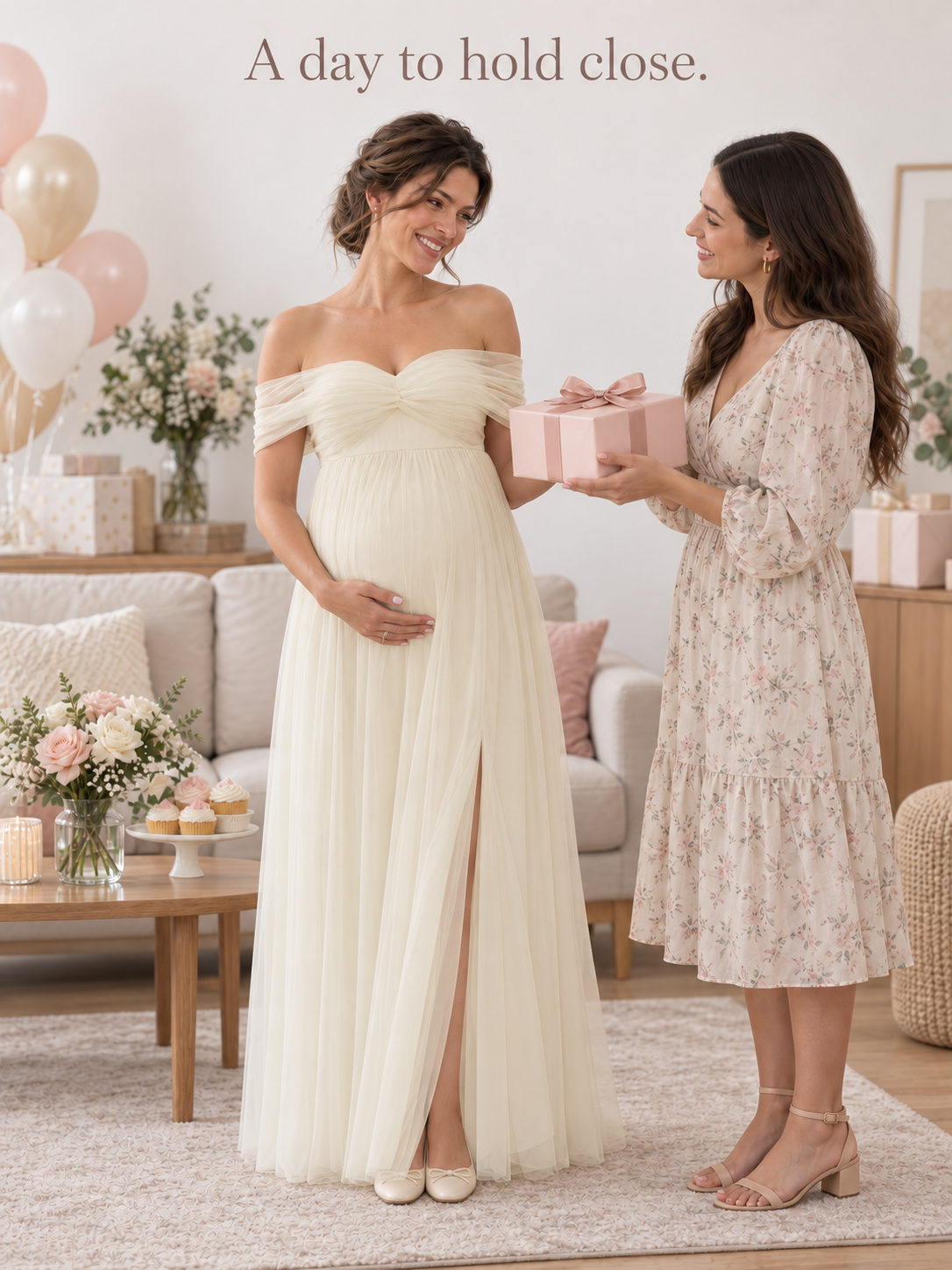 Amelie apricot dress in a gift-giving celebration scene.