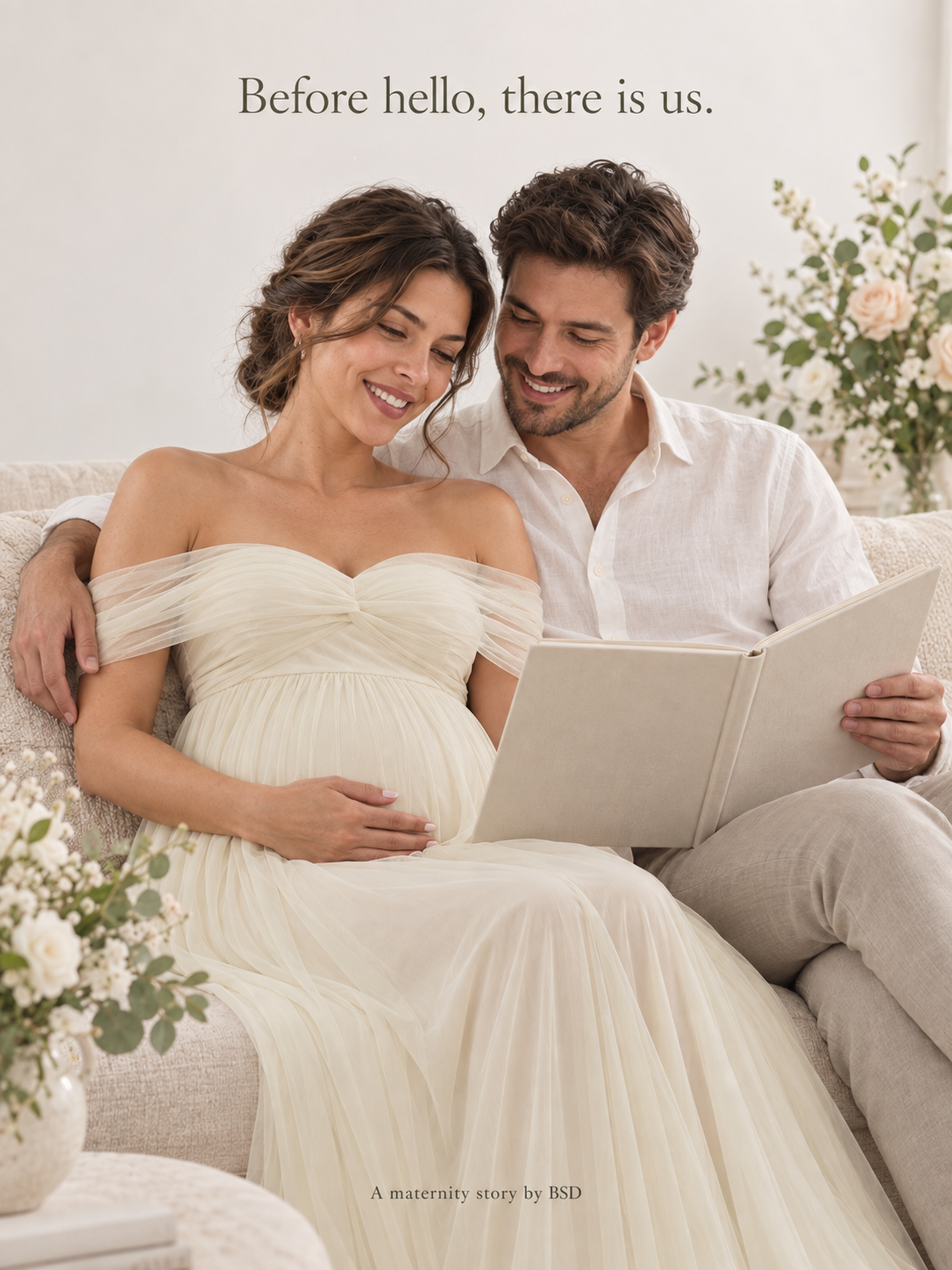 Amelie maternity dress in a brand-created scene of a couple sharing an album.