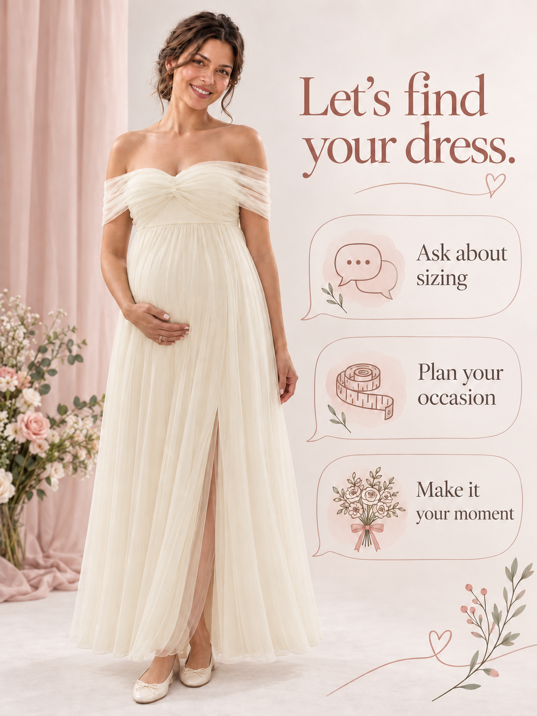 Amelie apricot dress with prompts about sizing and planning an occasion.