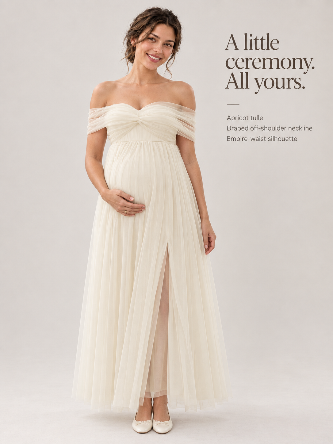 Amelie apricot tulle dress showing its draped neckline and empire-waist silhouette.