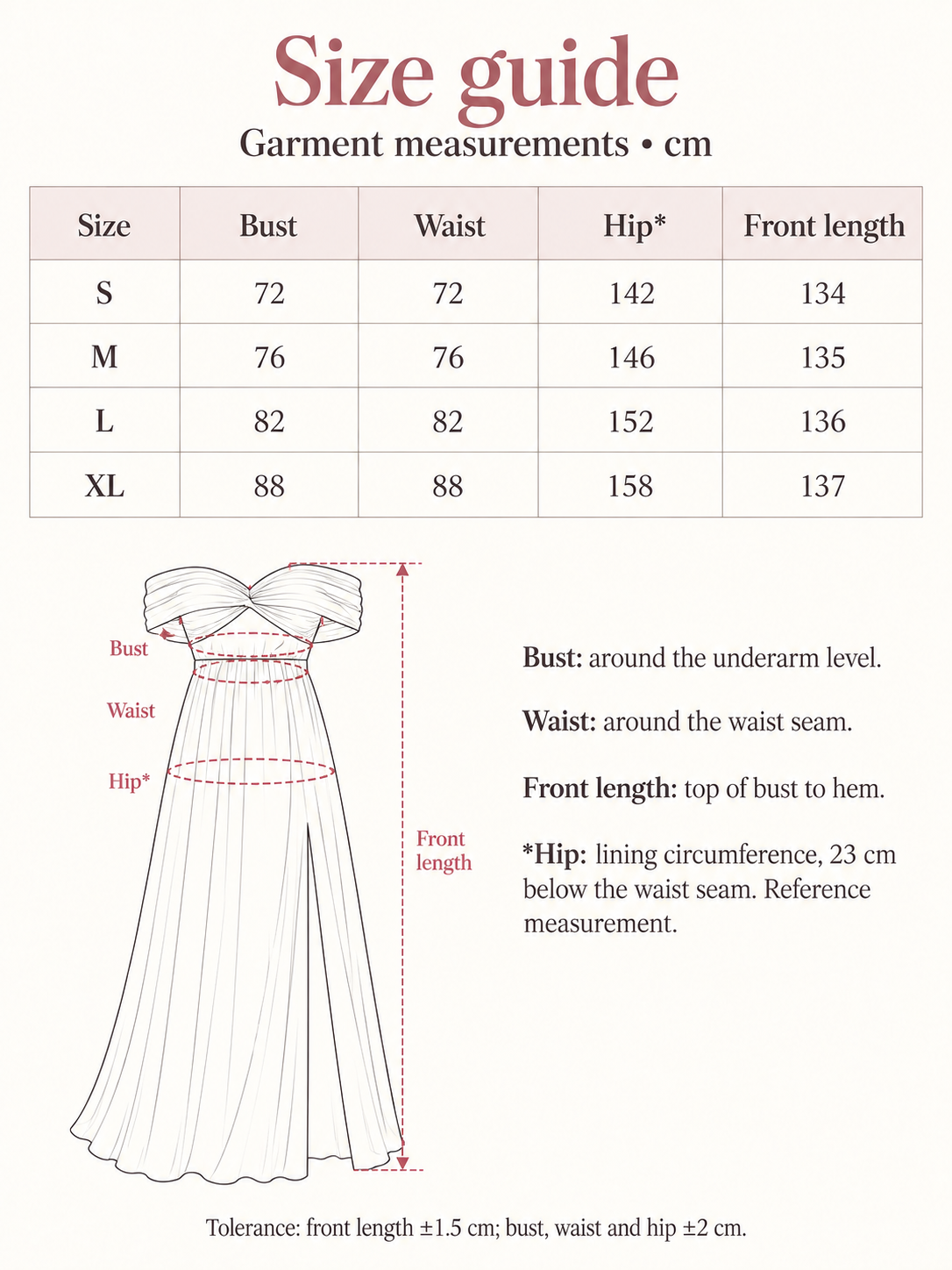Amelie garment size guide for S to XL, with bust, waist, reference hip and front length in centimeters.
