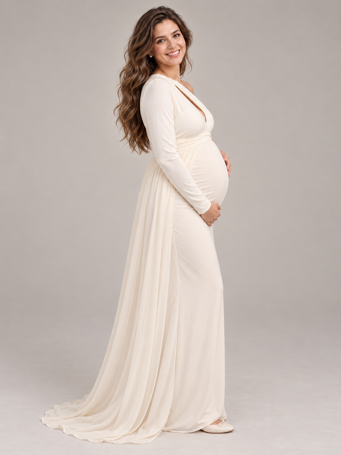 Aurelia Cream maternity dress — side view of the high waist, single sleeve and tulle sweep