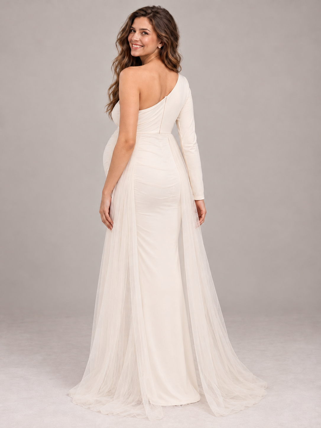 Aurelia Cream maternity dress — back view of the diagonal neckline, center back zipper and tulle