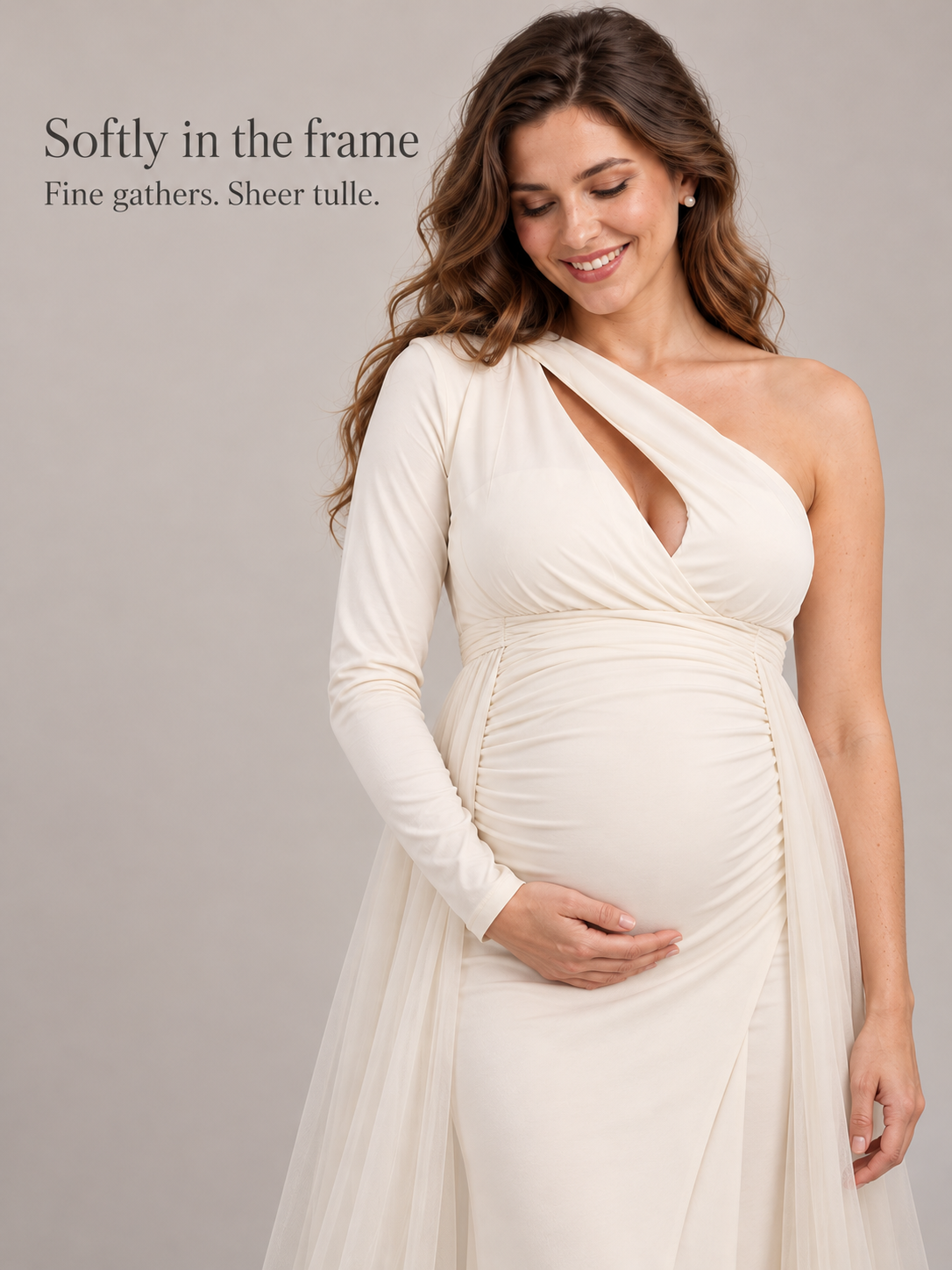 Aurelia Cream maternity dress — half-length view of the soft gathers and sheer tulle