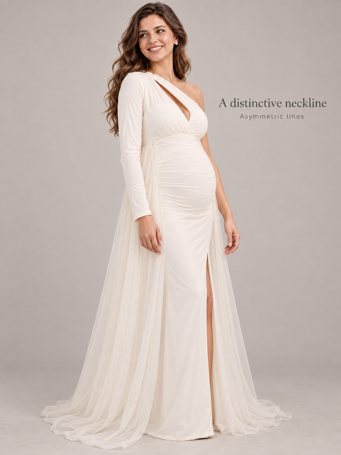 Aurelia Cream maternity dress — three-quarter view of the asymmetric neckline and front slit