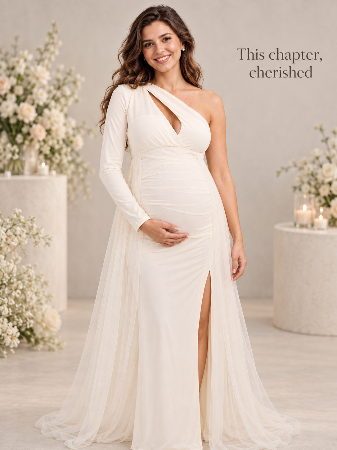 Aurelia Cream maternity dress — maternity portrait among flowers and candles