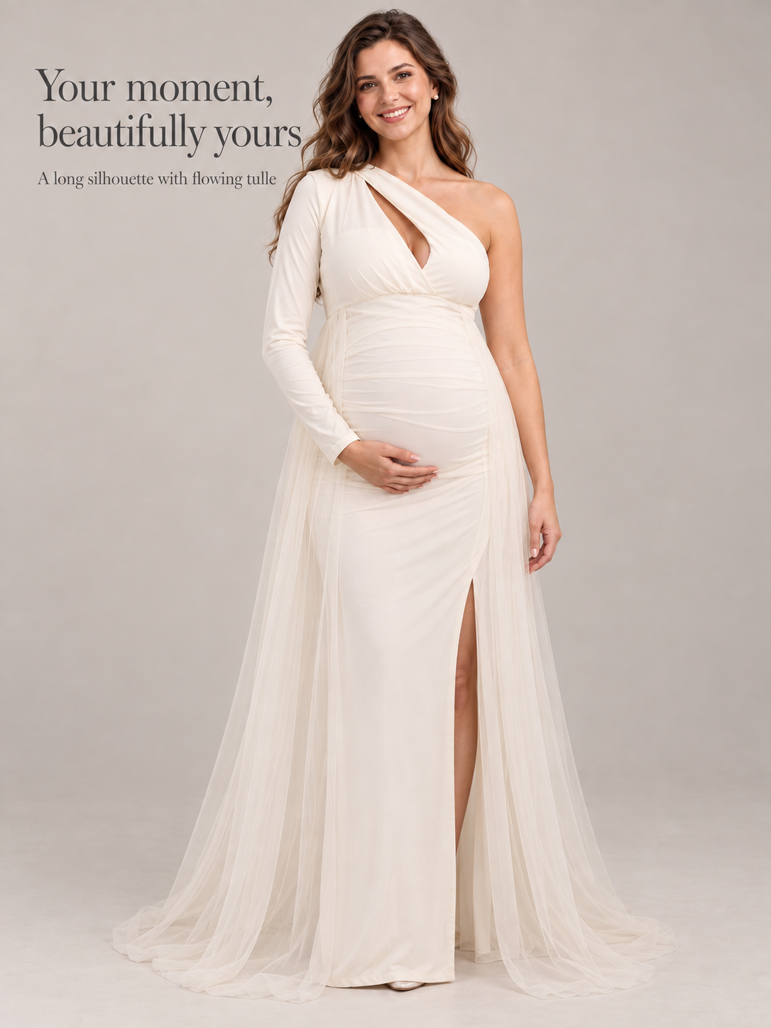 Aurelia Cream maternity dress — full-length front view with the tulle pooling at the hem