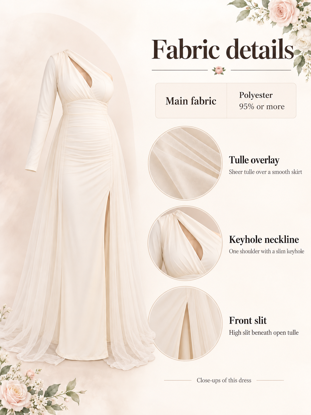 Aurelia Cream maternity dress — material guide showing the tulle overskirt, keyhole neckline and front slit