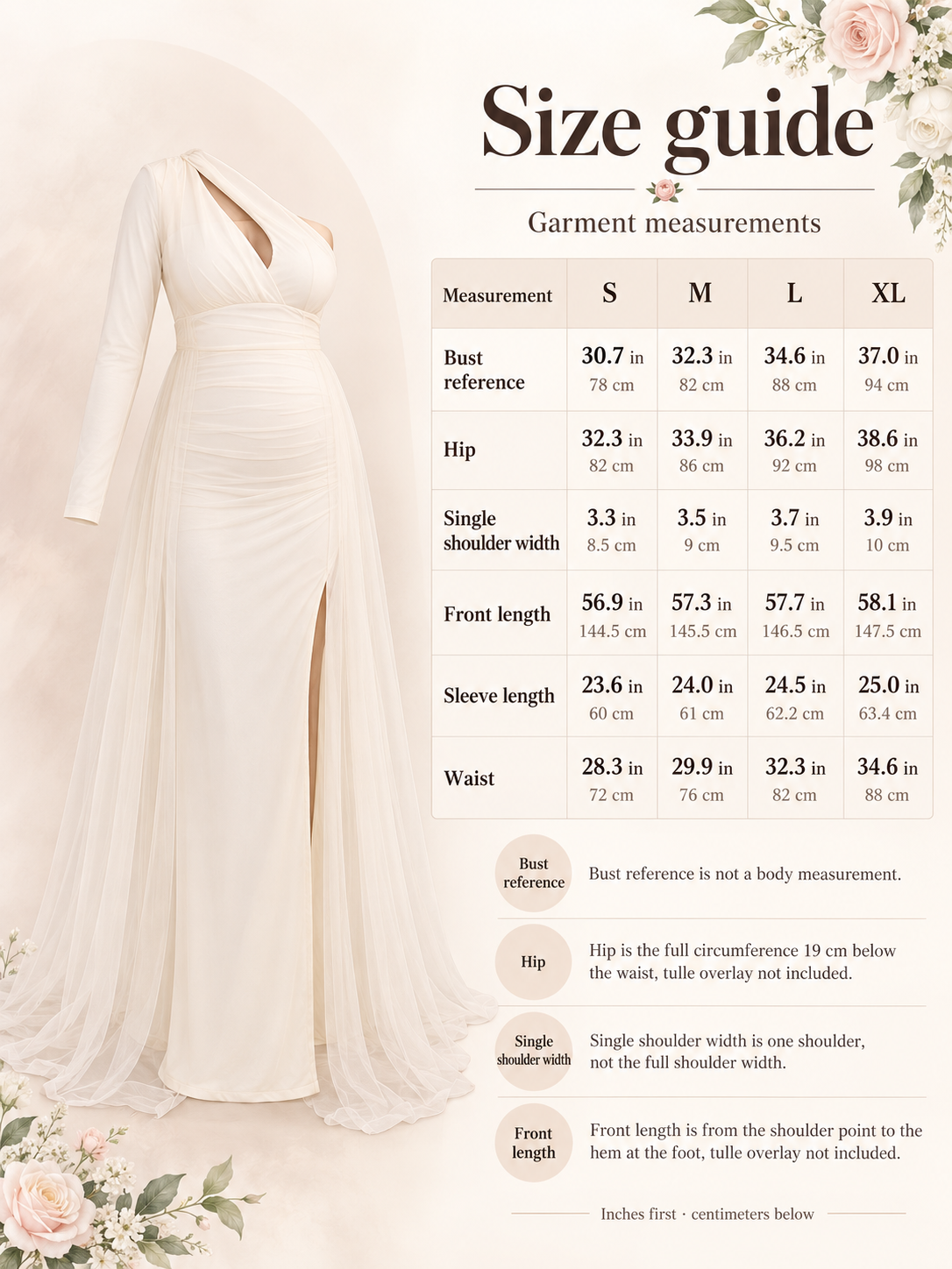 Aurelia Cream maternity dress — size guide with S to XL garment measurements in inches and centimeters