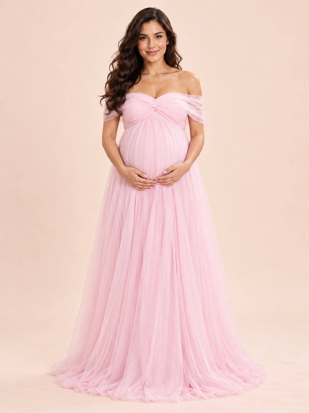 Orielle Light Pink maternity dress — front view with off-the-shoulder tulle drape and floor-length tulle skirt