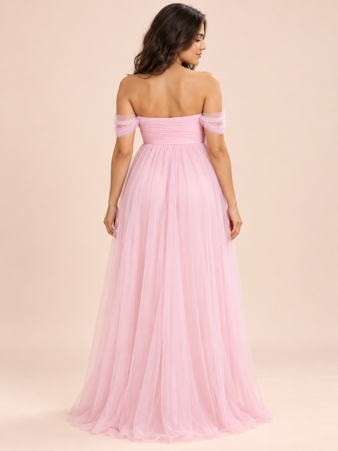 Orielle Light Pink maternity dress — back view of the tulle drape and straight back neckline