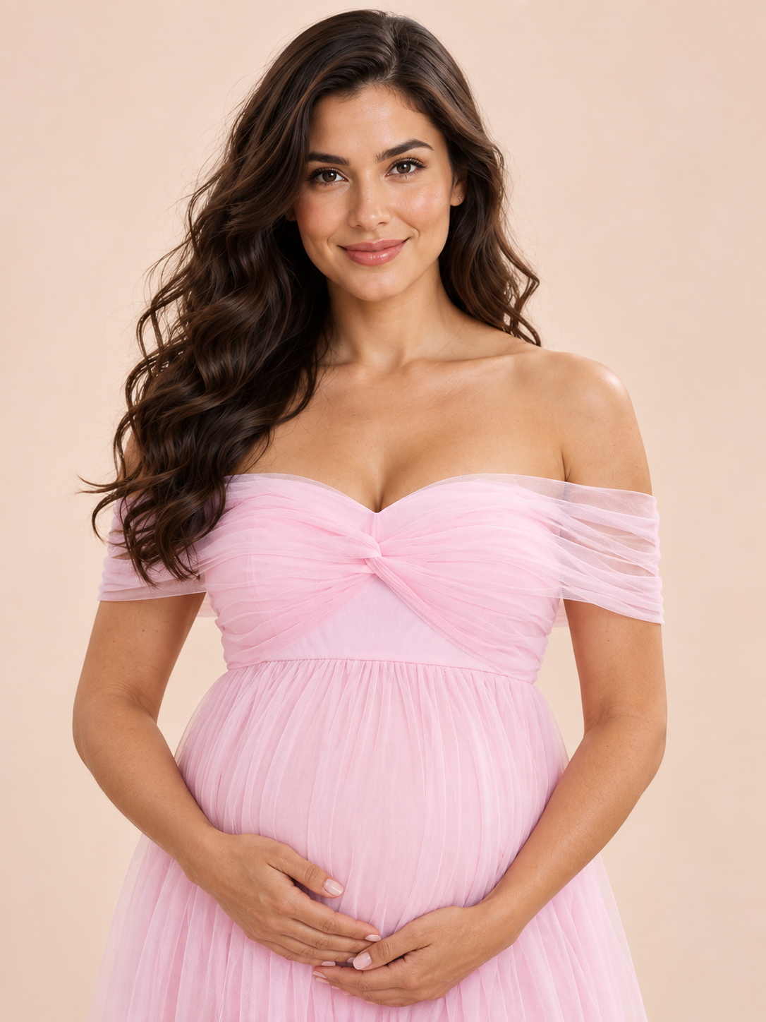 Orielle Light Pink maternity dress — twist-front bodice and off-the-shoulder neckline close-up