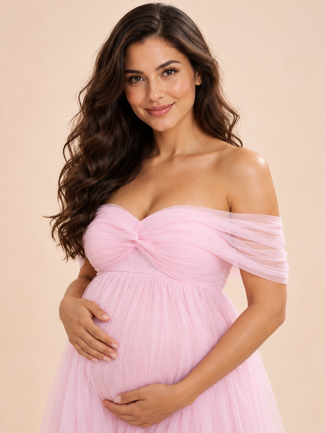 Orielle Light Pink maternity dress — tulle drape wrapped around the upper arm