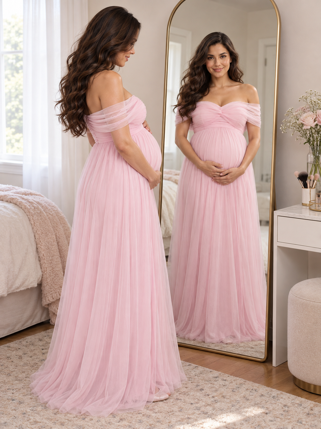 Orielle Light Pink maternity dress — maternity keepsake portrait beside a full-length mirror