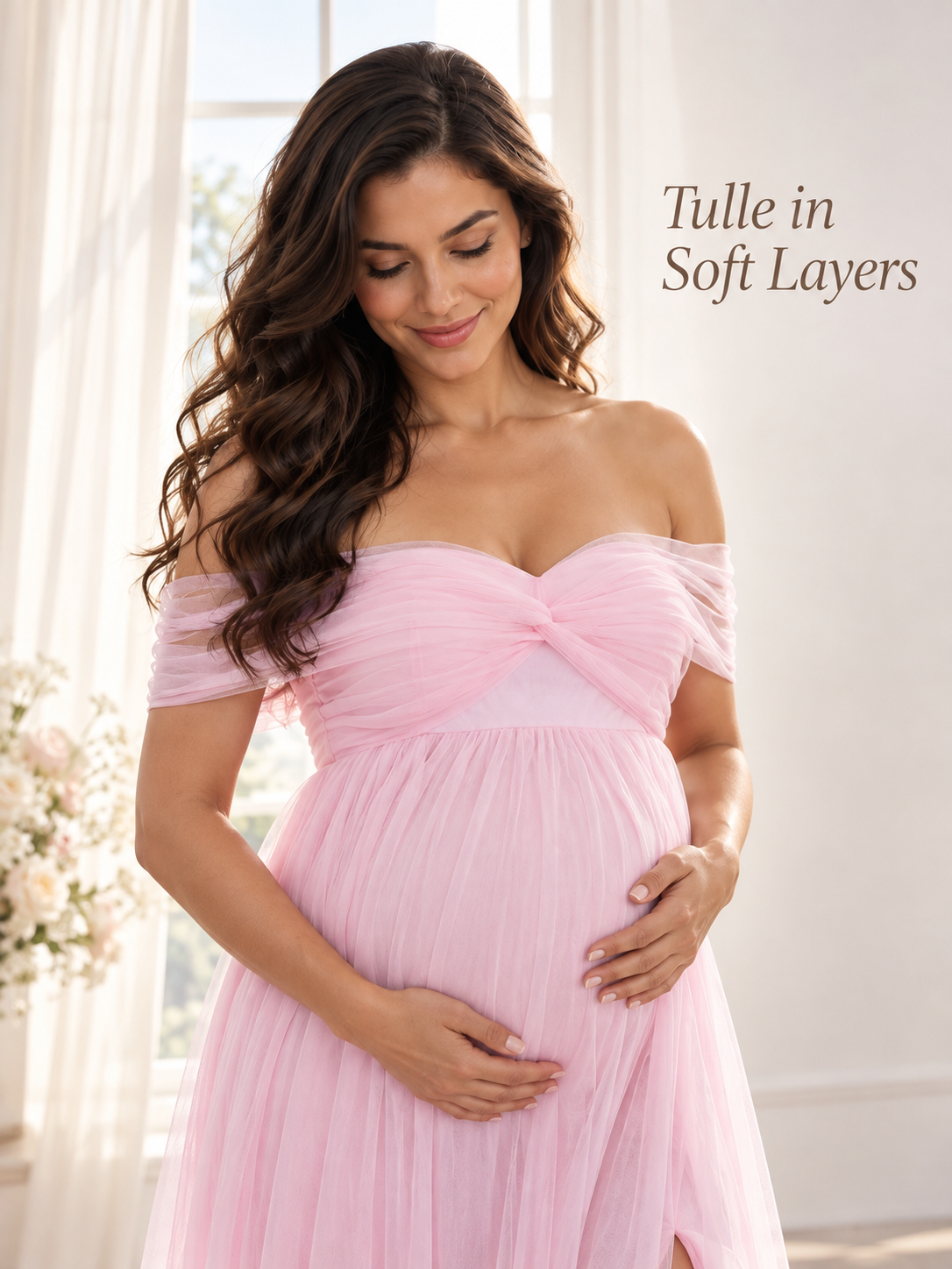 Orielle Light Pink maternity dress — layered tulle in soft window light