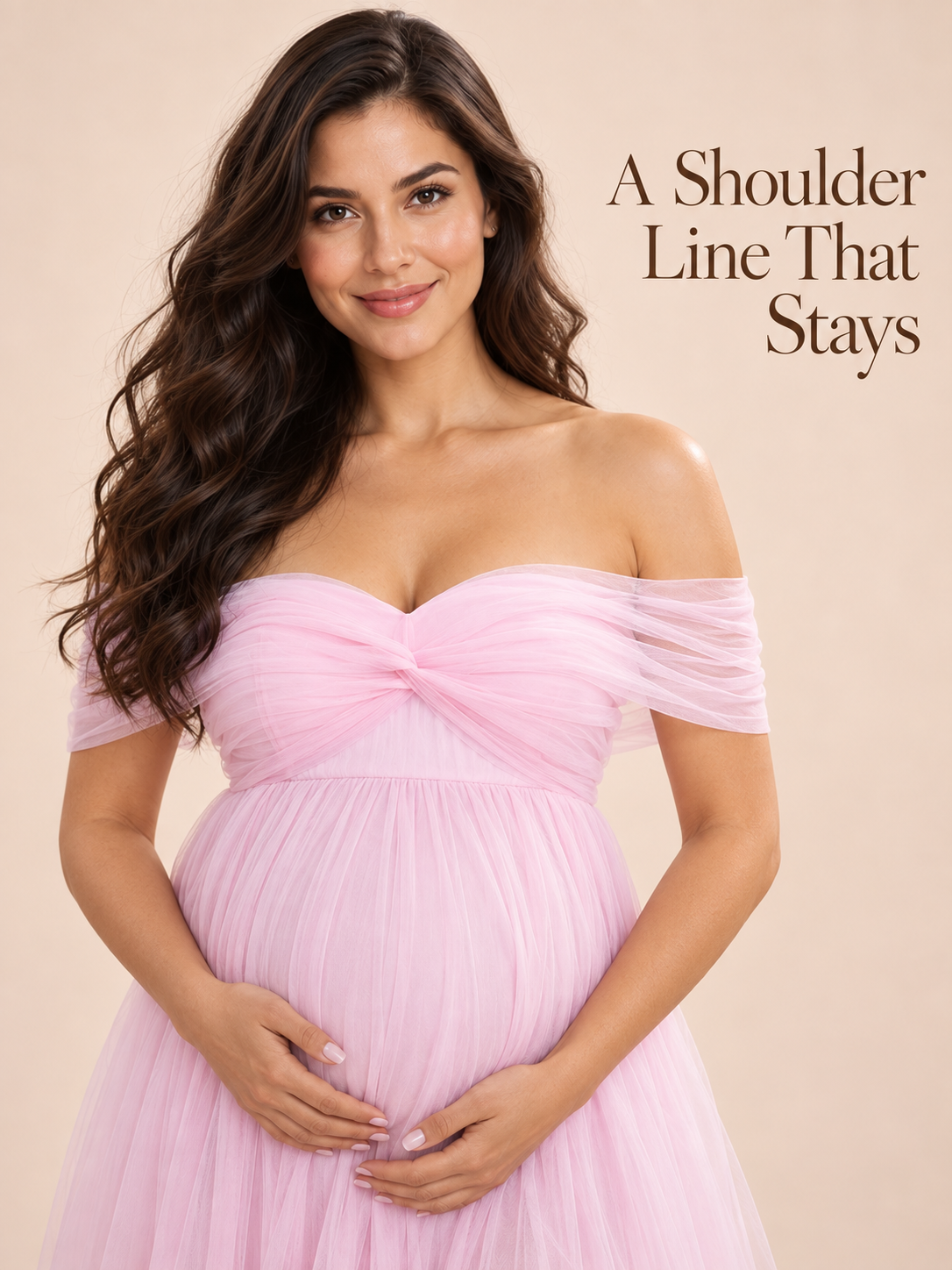 Orielle Light Pink maternity dress — off-the-shoulder line and twist detail close-up