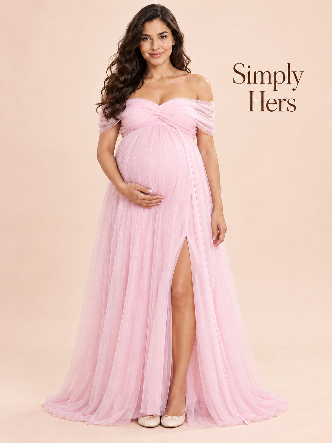 Orielle Light Pink maternity dress — standing portrait showing the front slit