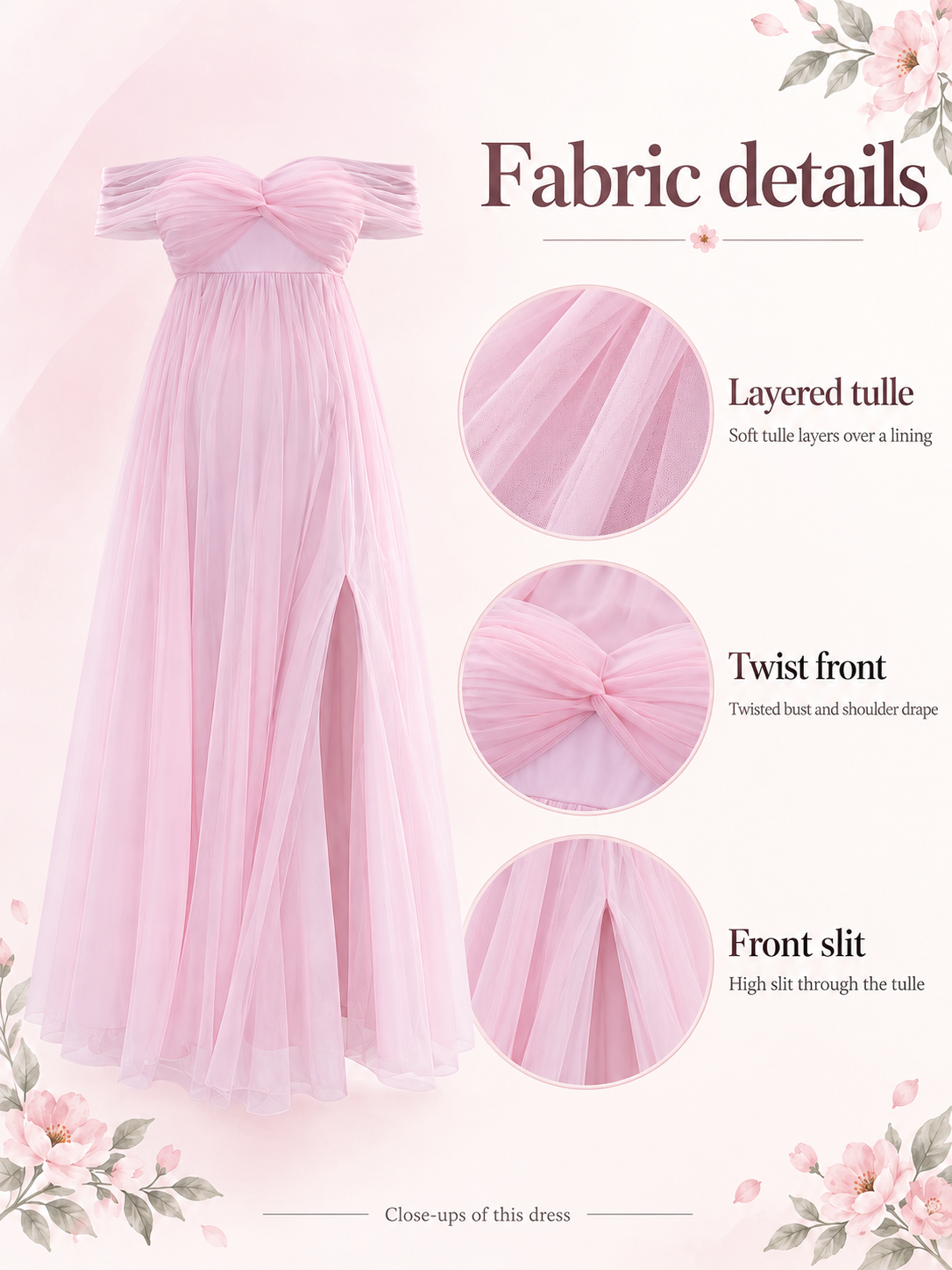 Orielle Light Pink maternity dress — material guide showing the layered tulle, twist bodice and shoulder drape
