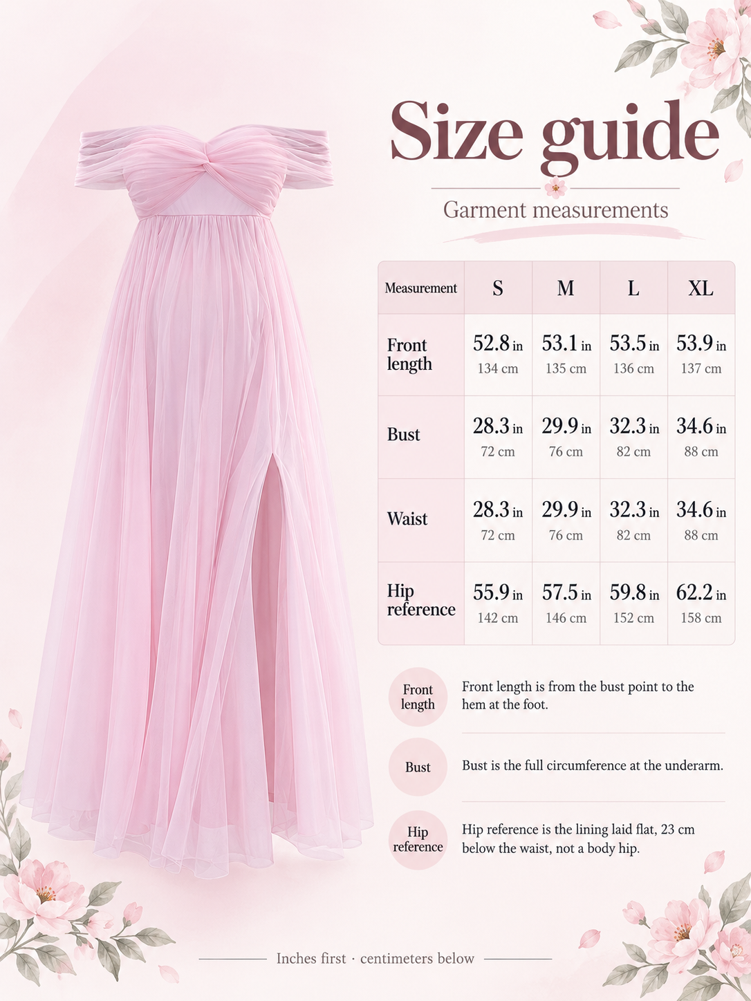 Orielle Light Pink maternity dress — size guide with S to XL garment measurements in inches and centimeters