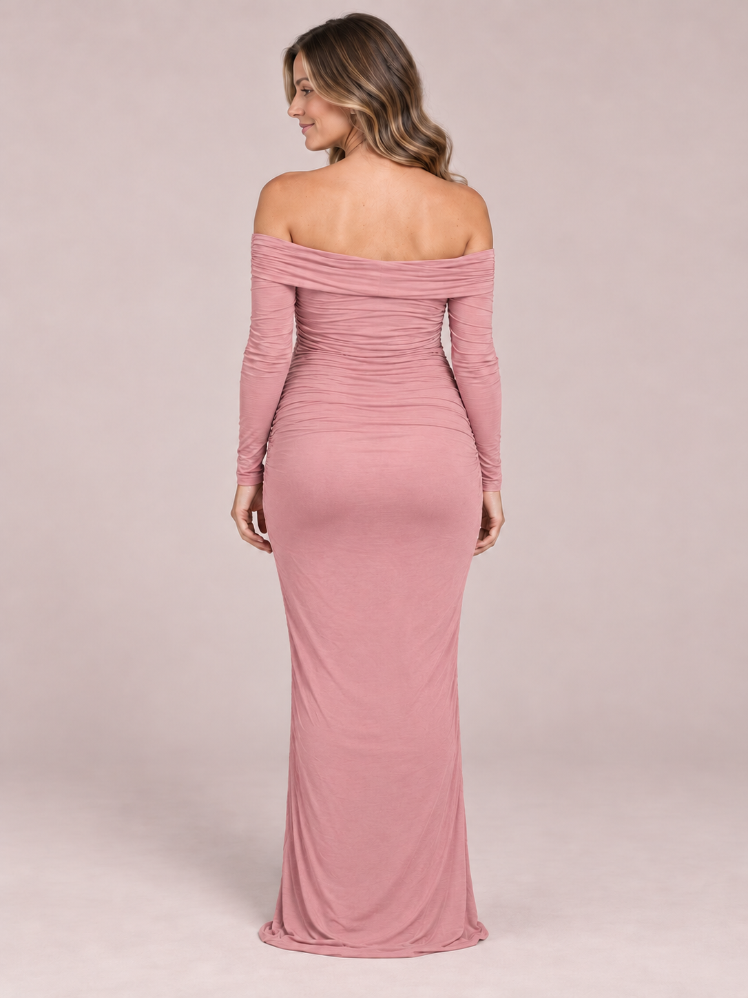 Imogen Mauve maternity dress — back view of the off-shoulder band and fitted skirt