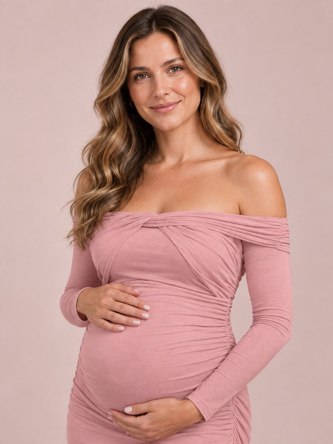 Imogen Mauve maternity dress — long fitted sleeve and ruched bodice in a half-length view